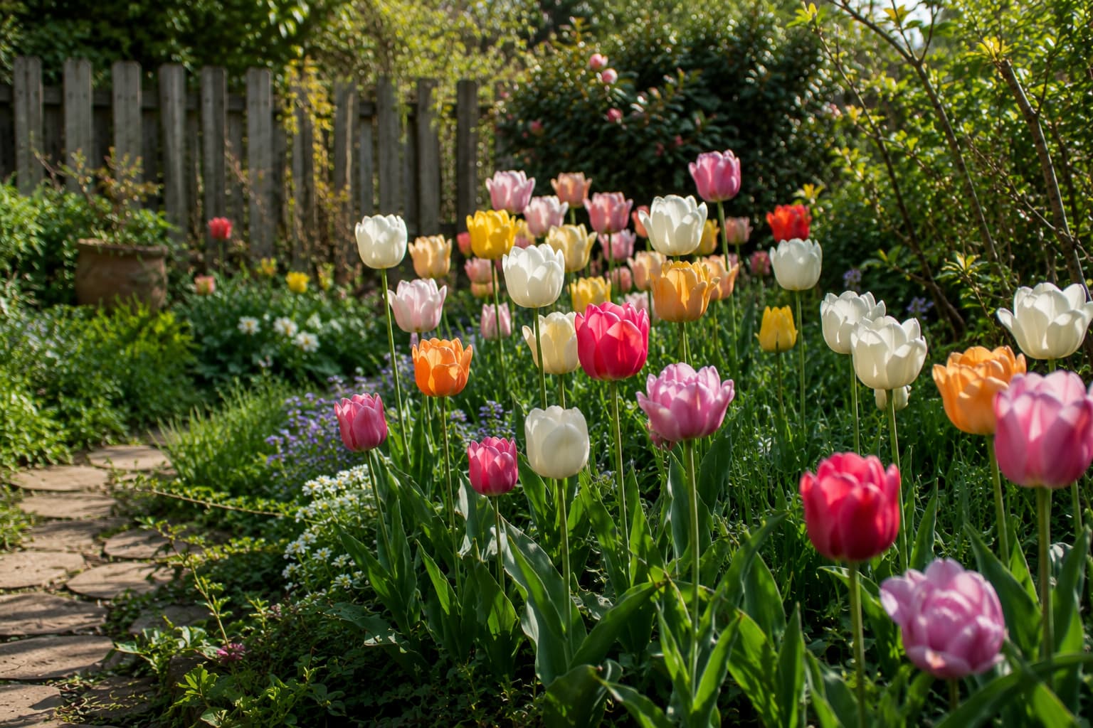Spring tulips blooming in a natural garden bed after careful winter planting preparation