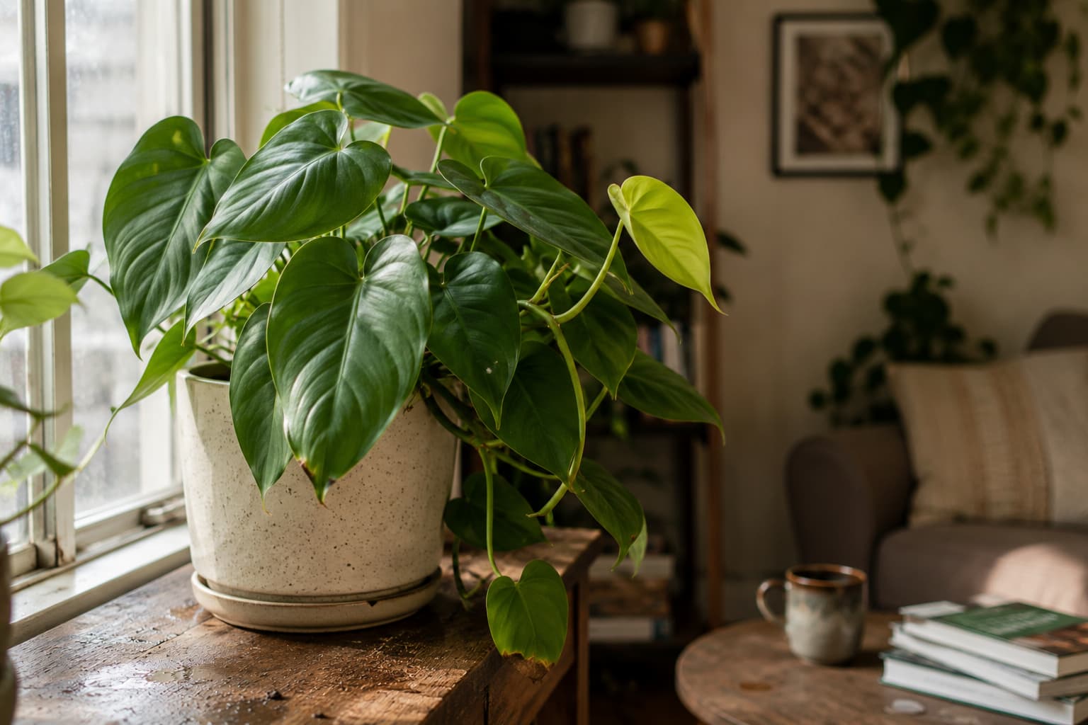 Healthy philodendron with new green leaves growing beside a bright indoor window