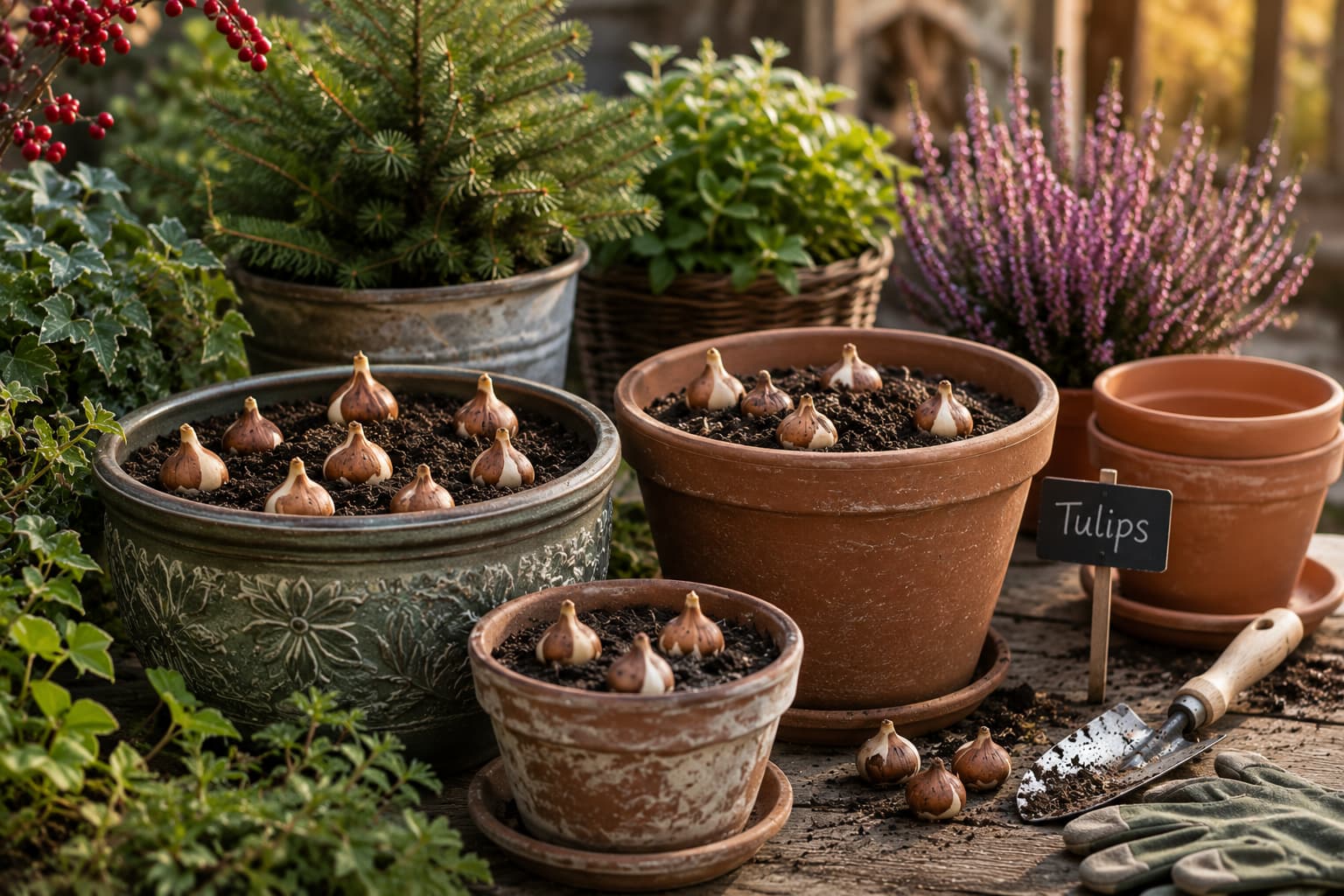 Tulip bulbs planted in terracotta containers for reliable winter growing in a garden setting