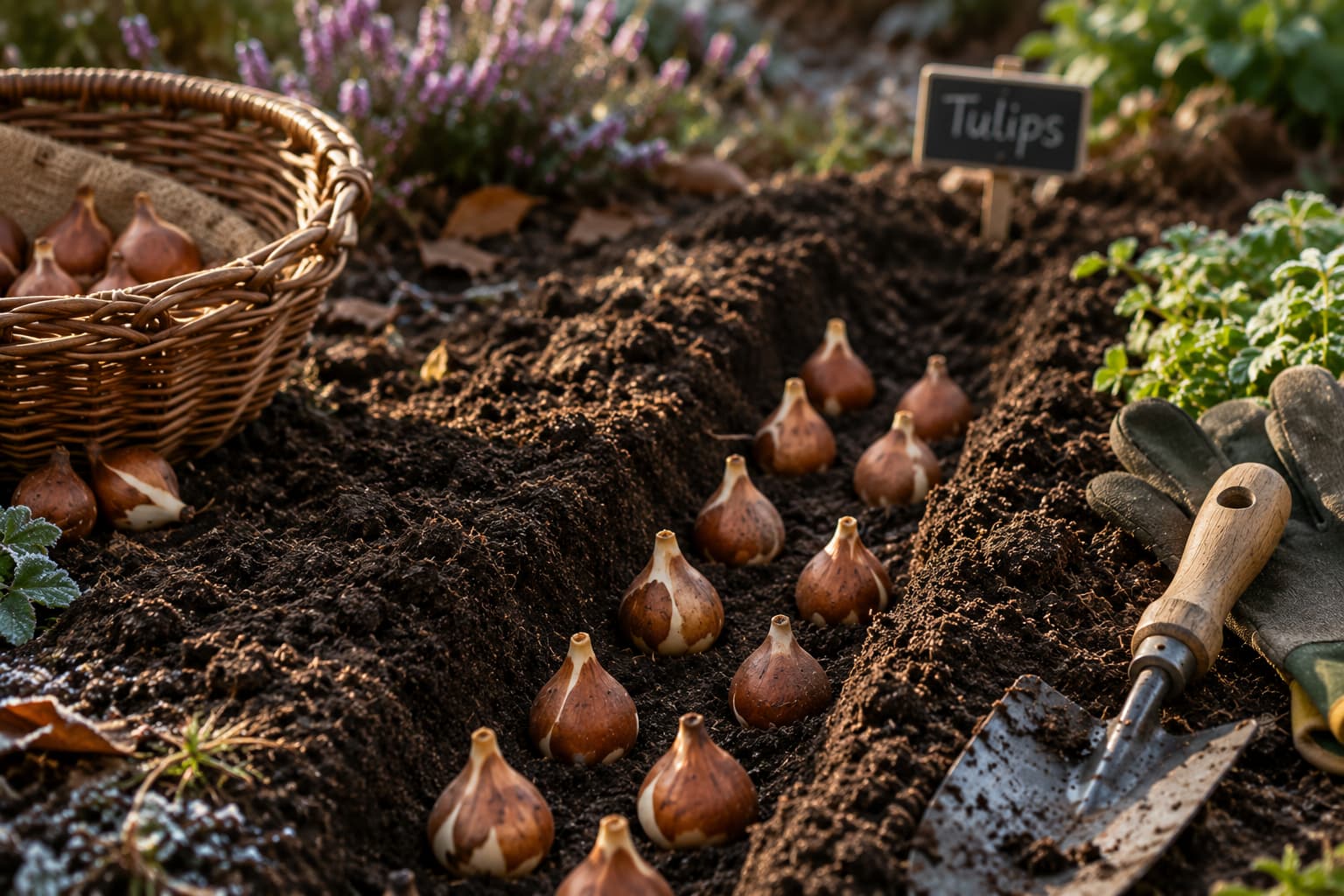 Tulip bulbs placed in loose well-drained soil during December garden planting preparation