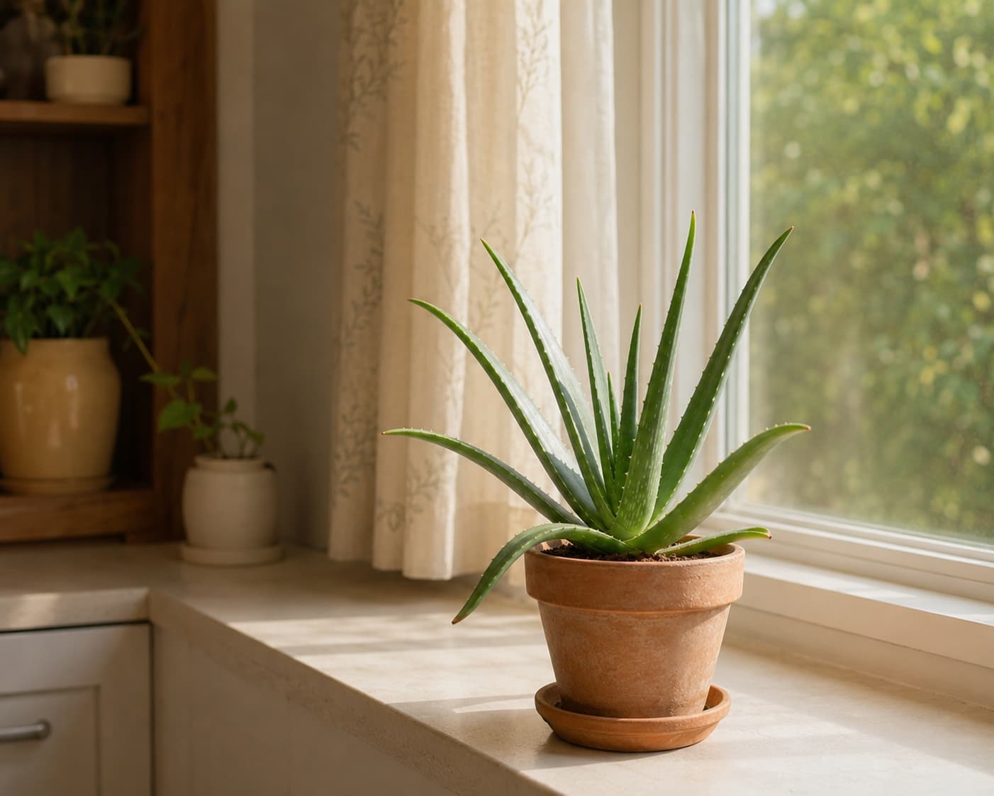 Illustration of a firm aloe vera plant gradually acclimated to direct sunlight near a bright summer window.
