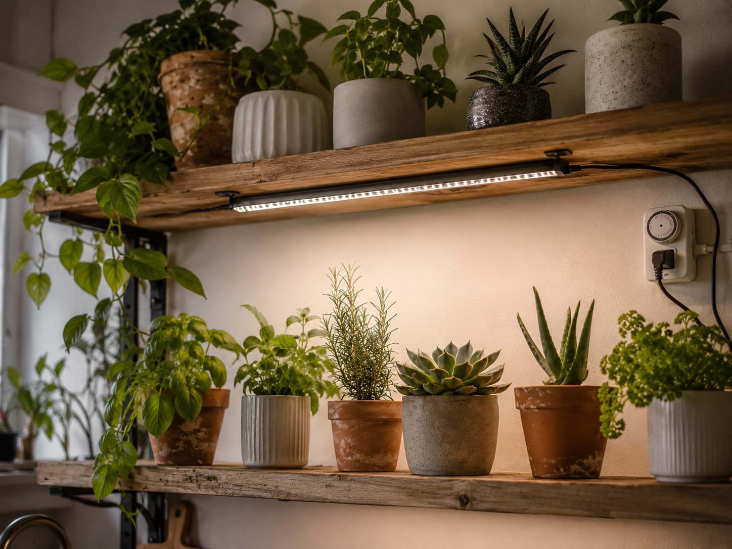 Barrina T5 LED grow lights mounted under wooden shelves illuminating potted herbs and succulents