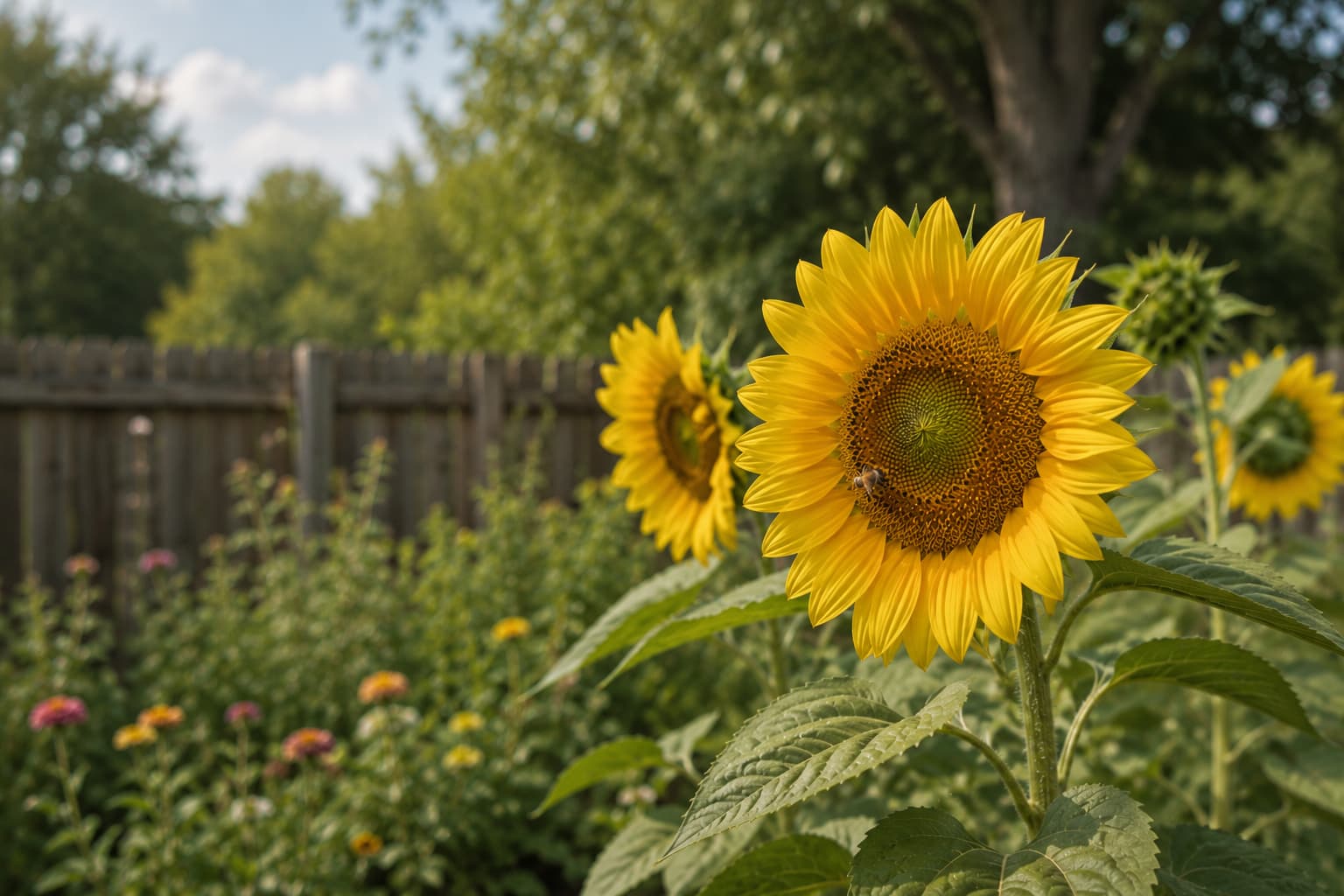 Illustration of bees visiting open sunflower heads in a bright summer garden with natural backyard planting.