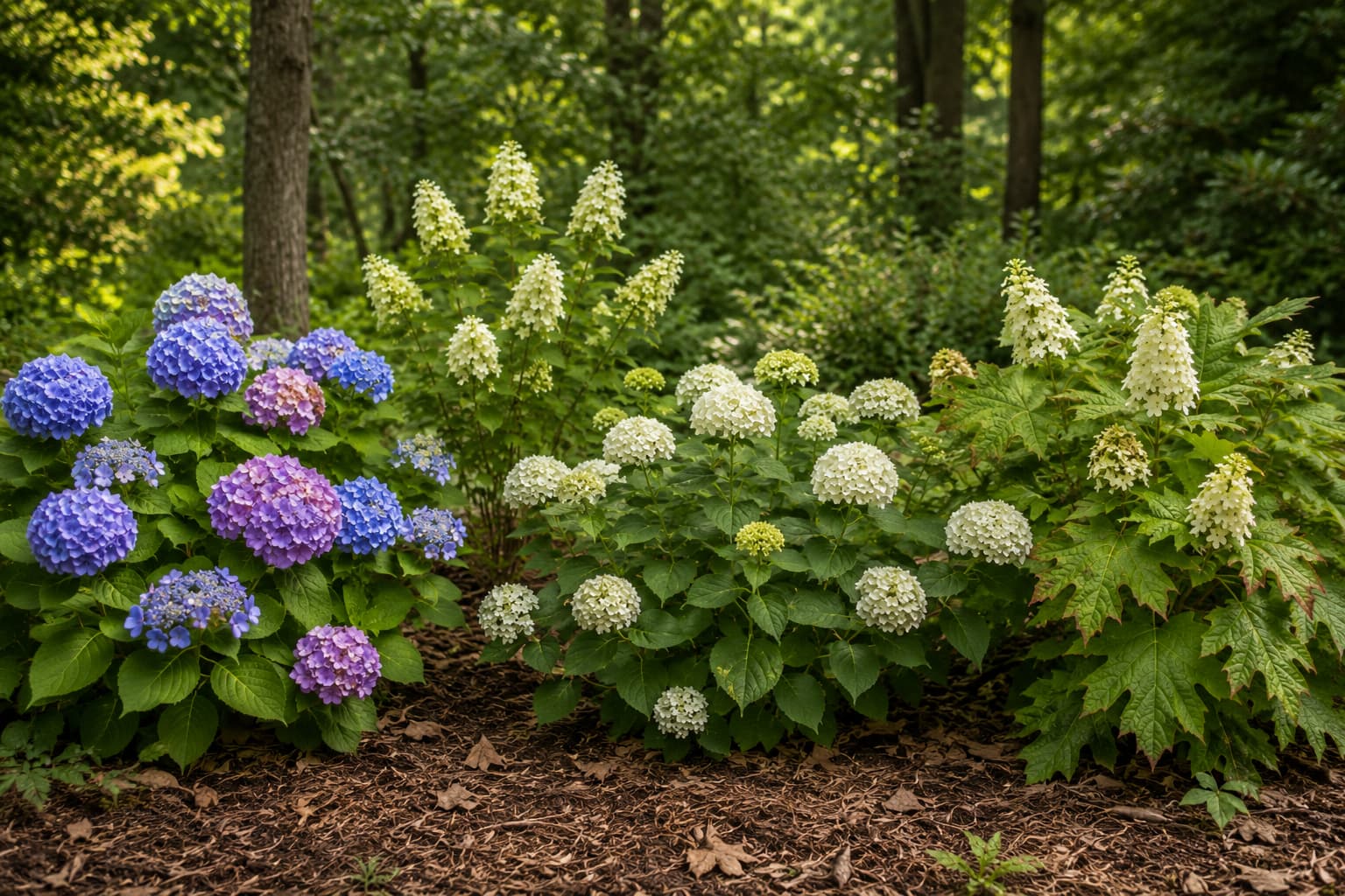 Illustration comparing bigleaf, panicle, smooth, and oakleaf hydrangeas by flower shape and foliage.