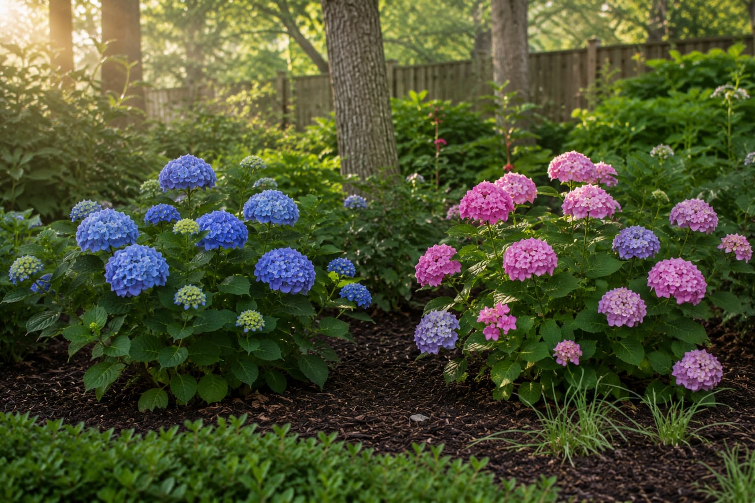 Illustration comparing blue and pink bigleaf hydrangea flowers with acidic and less acidic soil conditions.