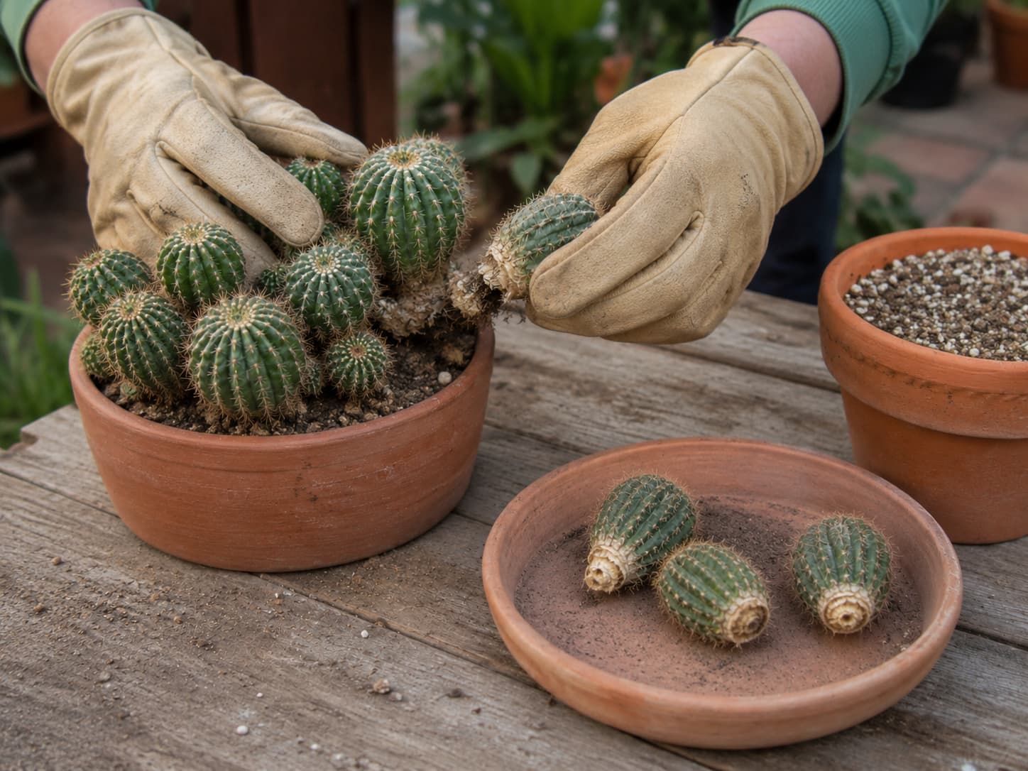 A gardener's gloved hands gently twisting a cactus offset from the parent plant, with a separate dish showing offsets drying and callusing for 2-3 days before planting
