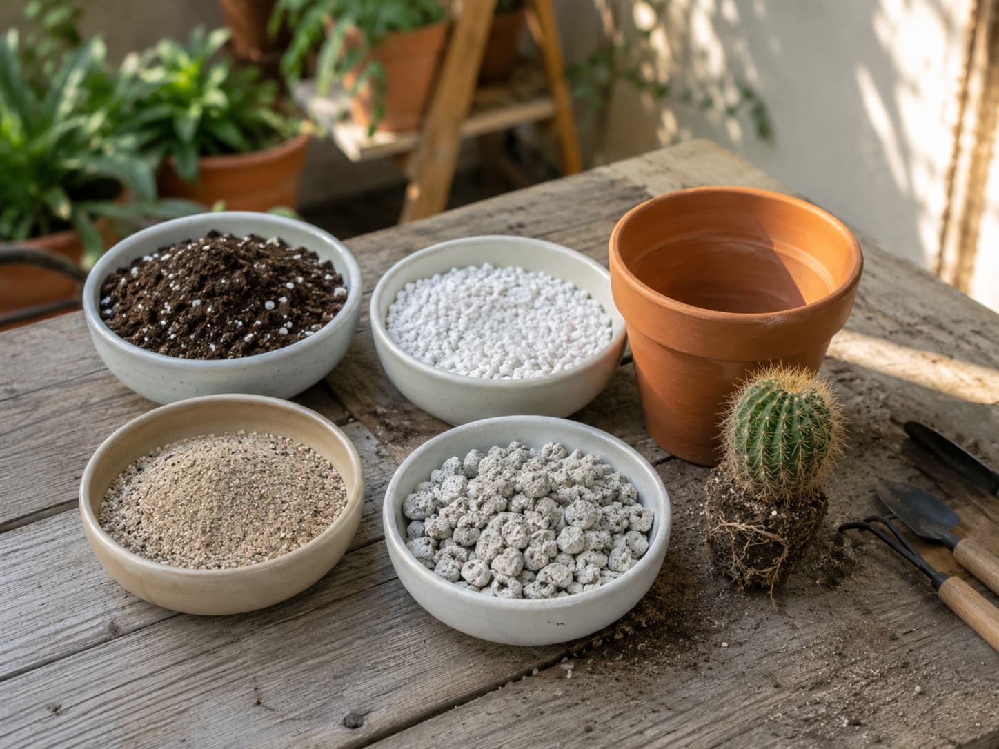 A wooden table with the ingredients for cactus soil mix: a bowl of commercial cactus mix, a bowl of perlite, a bowl of coarse sand, and a bowl of pumice, with a terracotta pot and a young cactus ready for potting