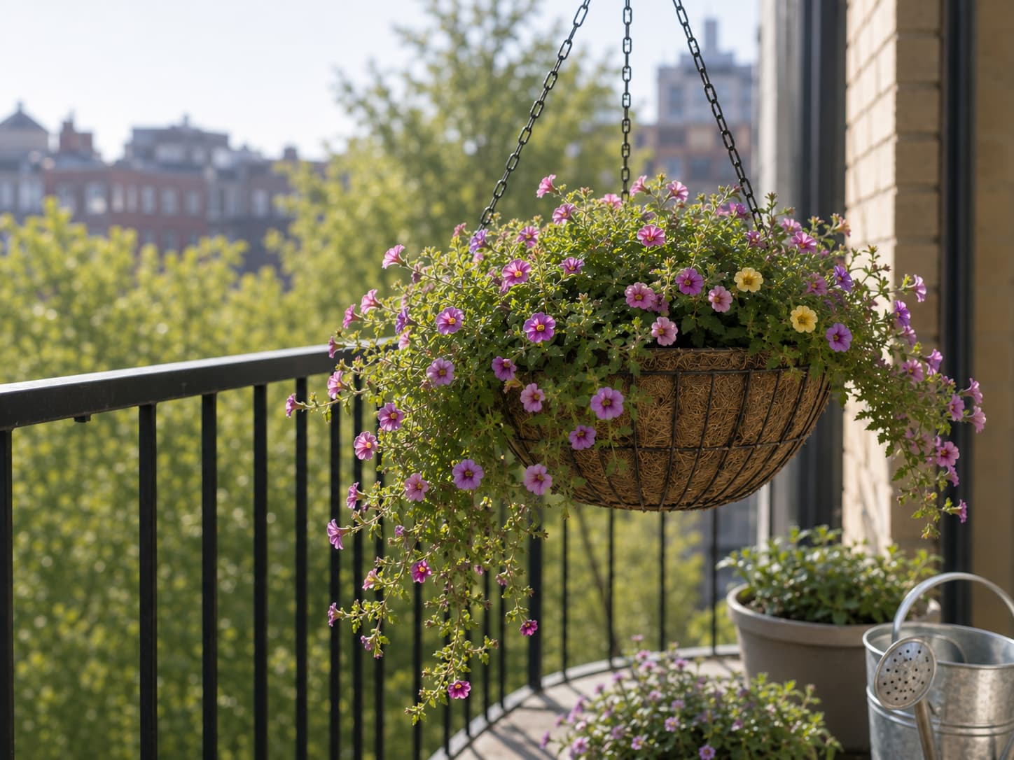 Illustration of calibrachoa cascading naturally from a hanging basket beside a sunny apartment balcony railing.