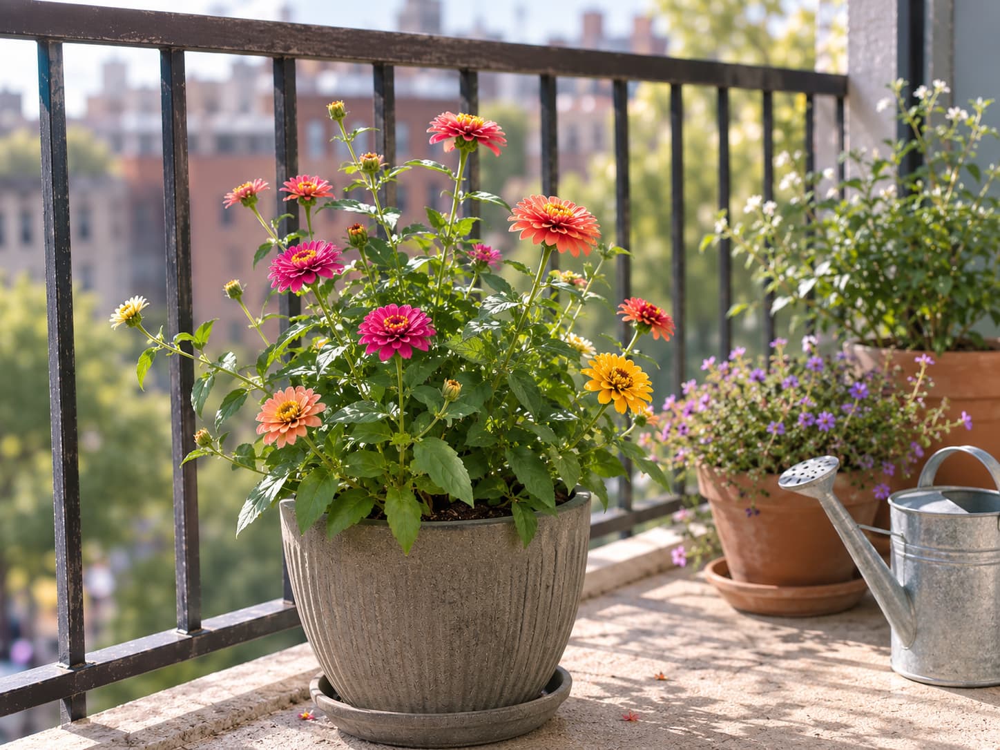 Illustration of compact zinnias blooming in a deep container on a bright, sunny apartment balcony.