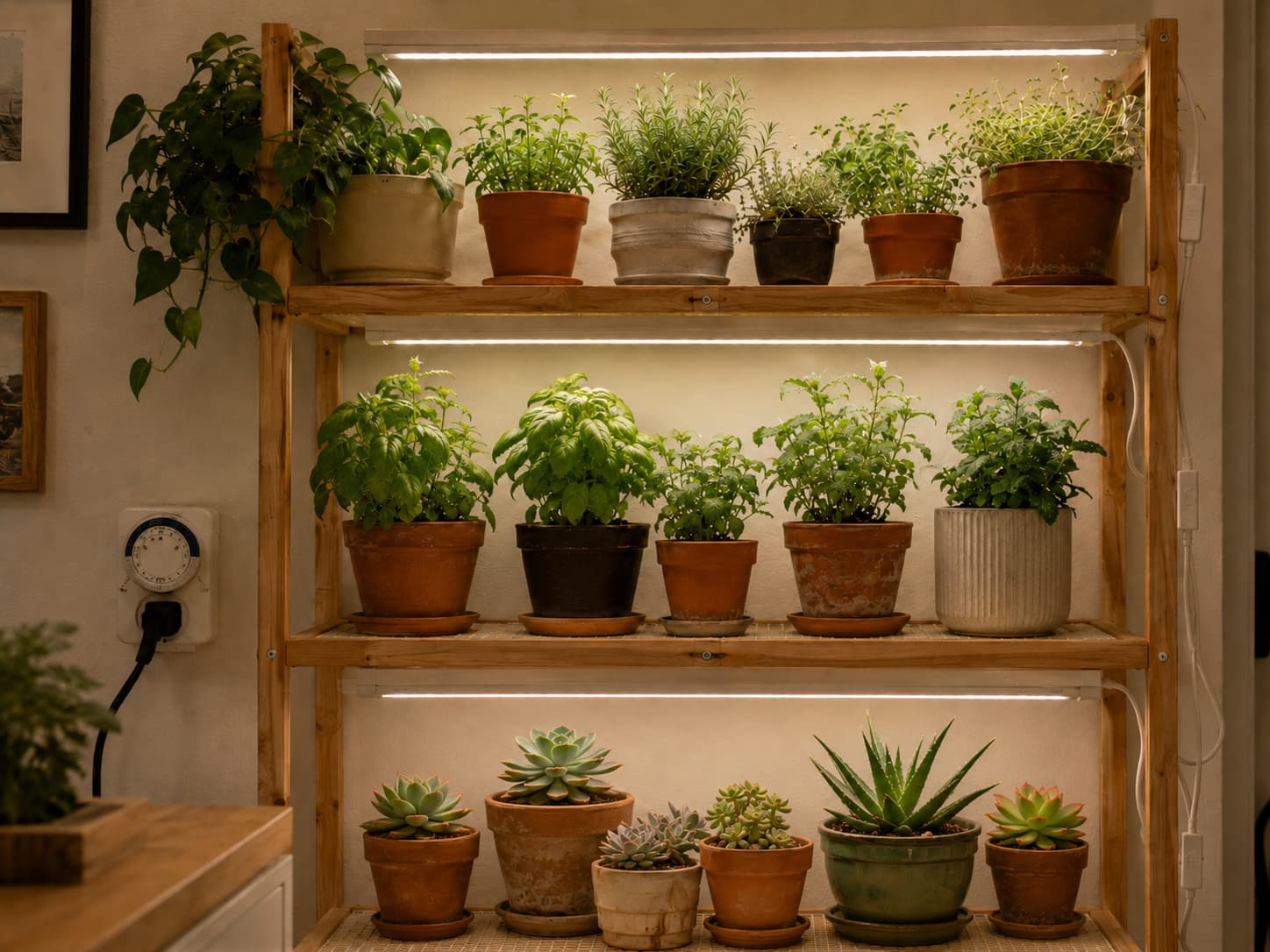 Illustration of a three-tier indoor plant shelf with Barrina T5 grow lights, herbs, succulents, aloe, and timer.