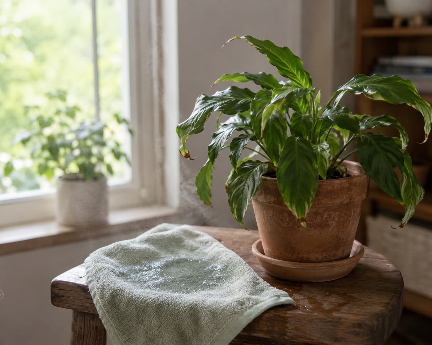 Illustration of a damp towel placed near houseplants to raise local humidity during summer heat.