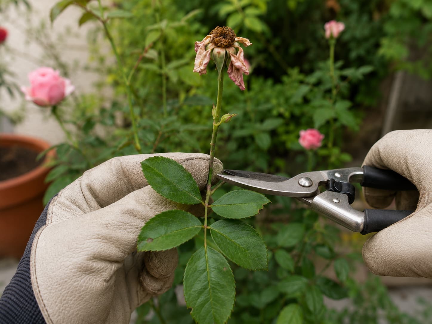Illustration of a gardener deadheading Rosa chinensis just above an outward-facing stem with five healthy leaflets.