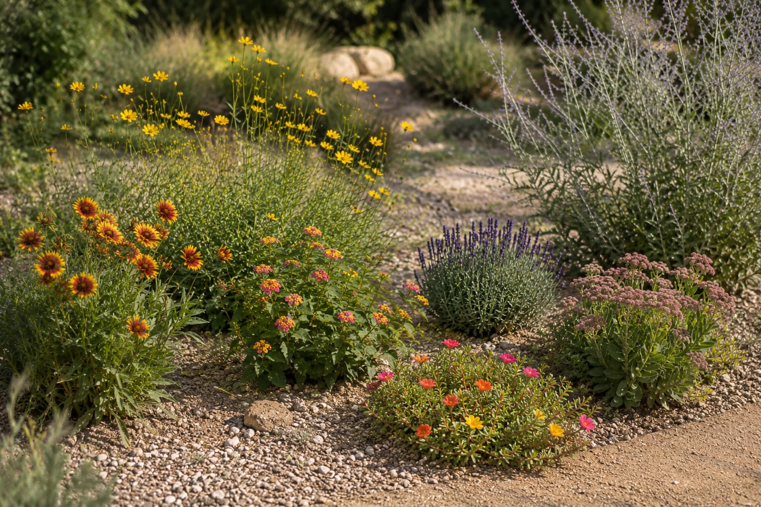 Illustration of gaillardia, coreopsis, portulaca, lantana, lavender, sedum, and Russian sage in a sunny dry garden.