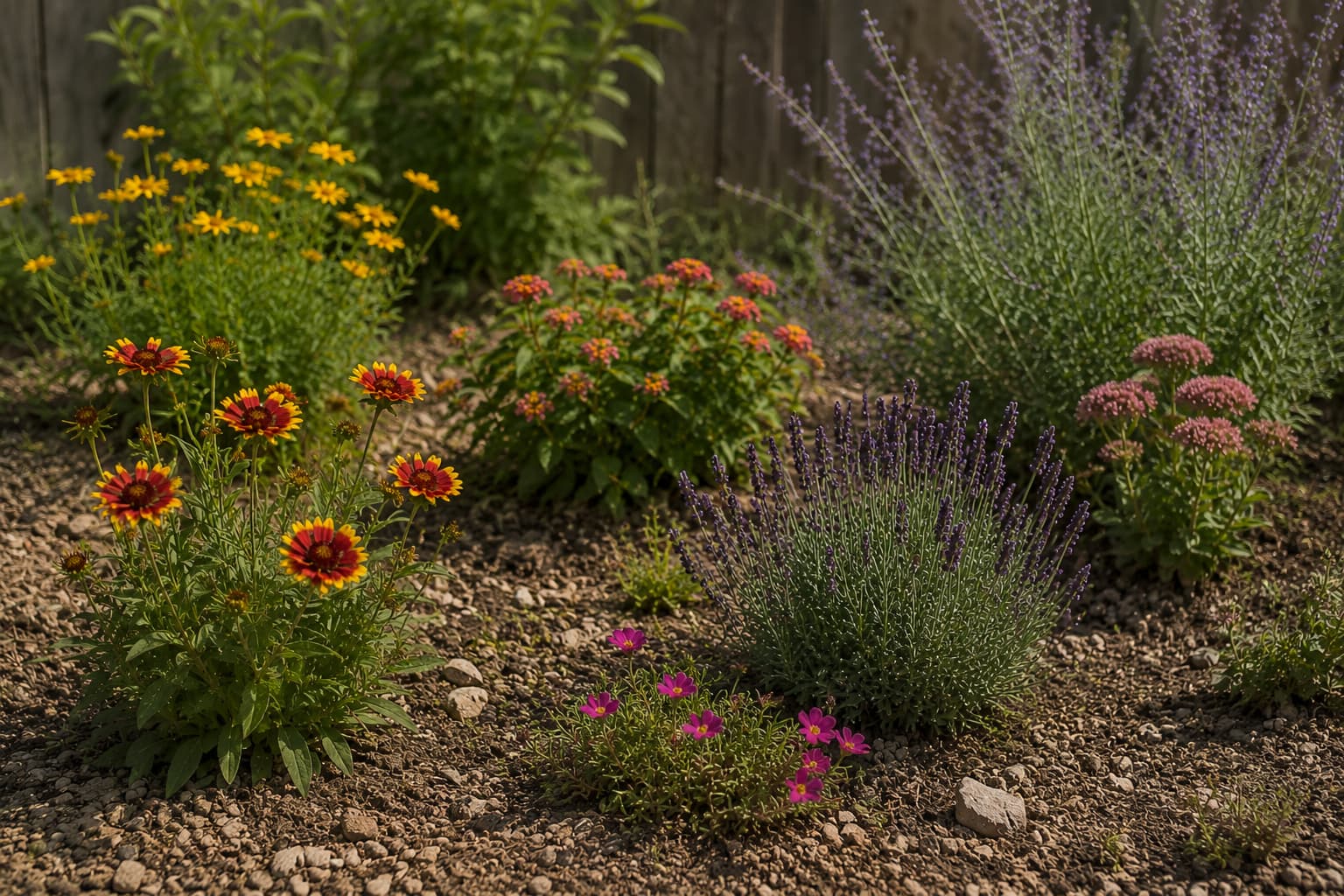 Illustration of gaillardia, coreopsis, lantana, portulaca, lavender, sedum, and Russian sage growing in a sunny dry garden.