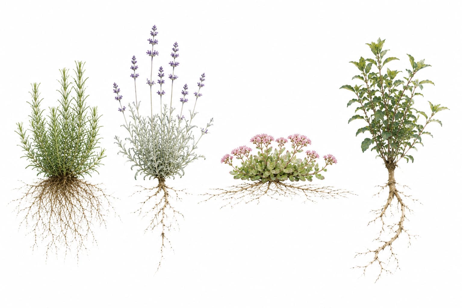Illustration of narrow silvery succulent waxy and deep-rooted adaptations found in drought-tolerant flowering plants.