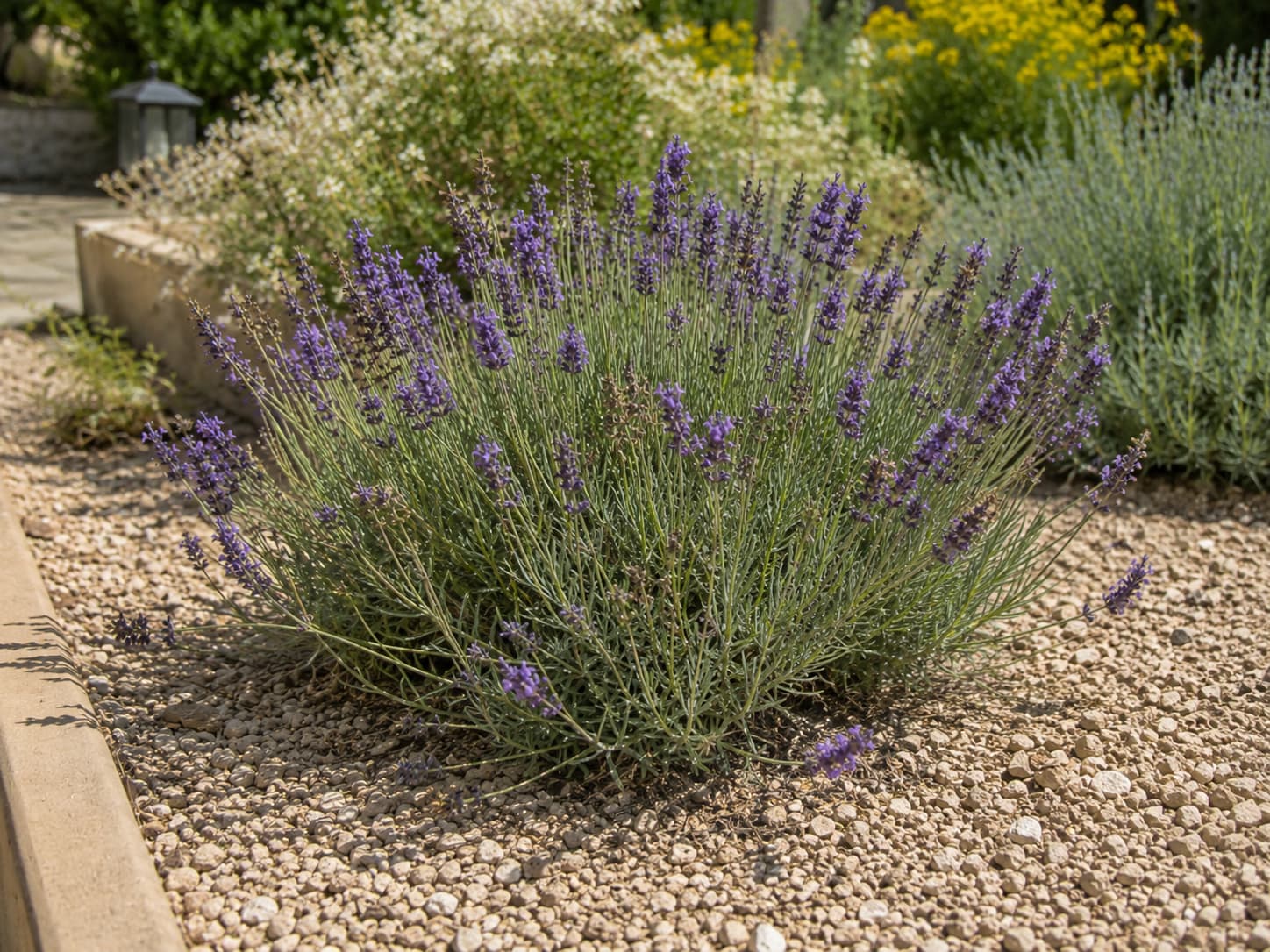 Illustration of English lavender growing in a raised gravel-mulched bed with dry freely draining soil.