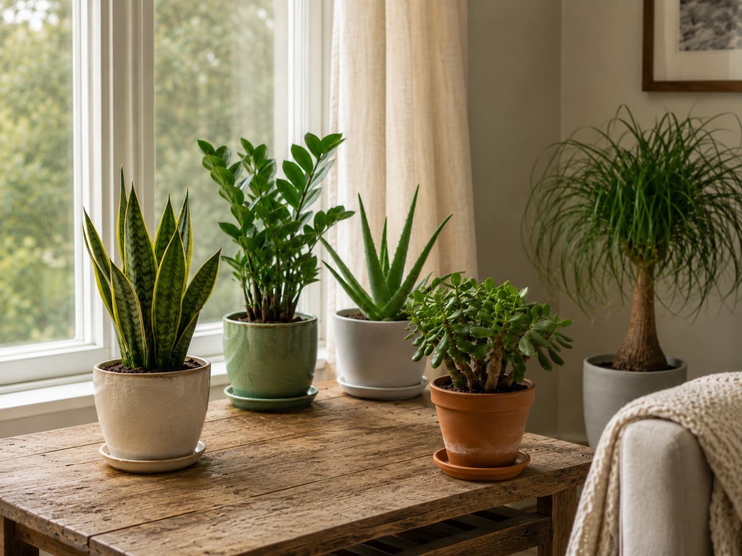 Illustration of five heat-tolerant houseplants grouped near a bright summer window in a relaxed home interior.