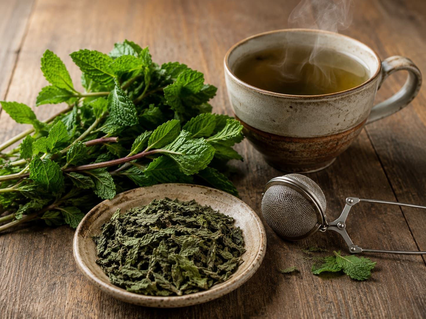 Illustration of fresh mint stems, dried mint leaves, a tea infuser, and a steaming cup on wood.