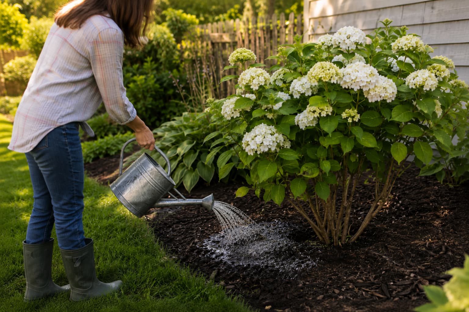 Illustration of a gardener watering the soil around a hydrangea deeply while keeping flowers and leaves dry.