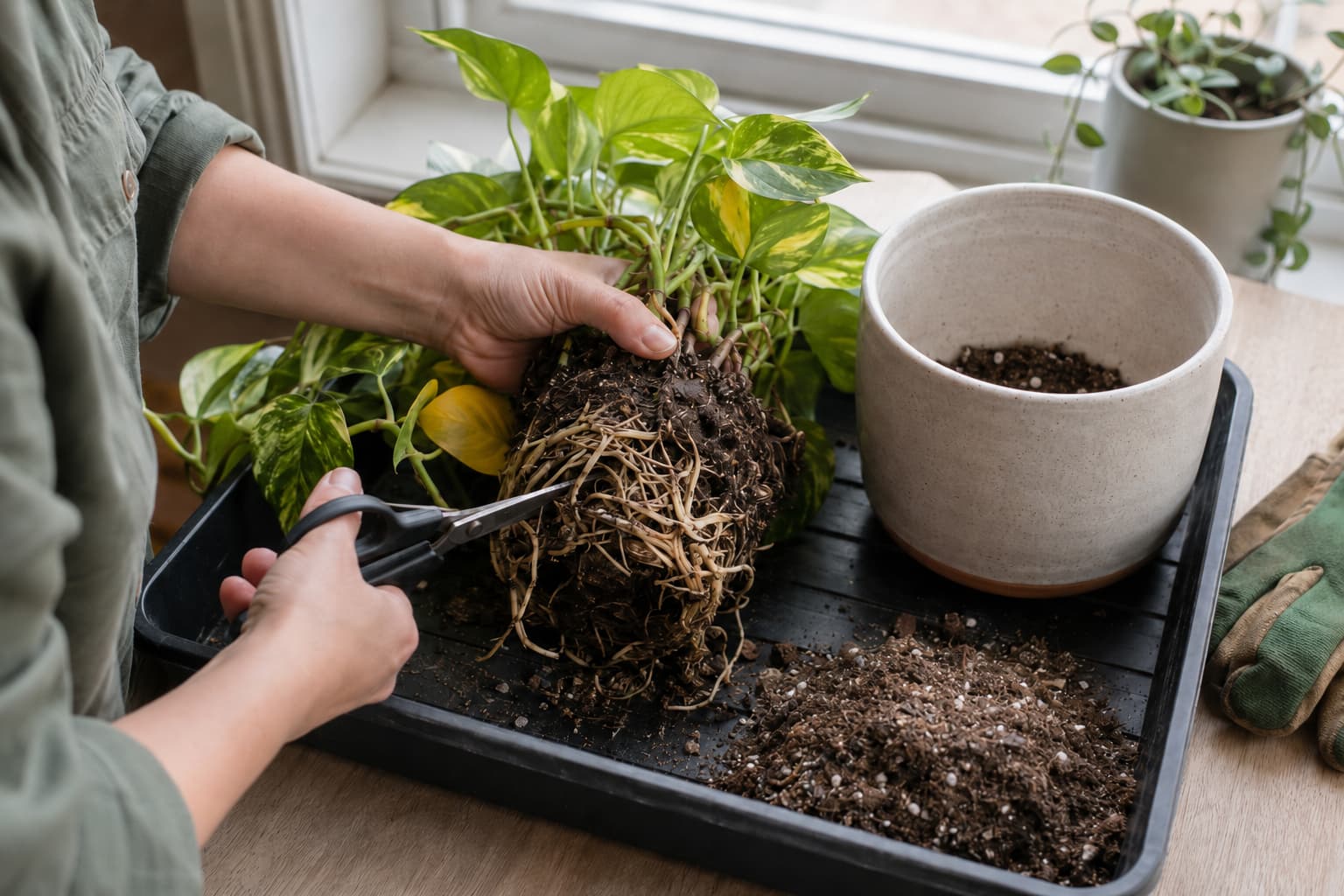 Gardener trimming damaged pothos roots over a nursery tray before repotting the plant in fresh potting mix.