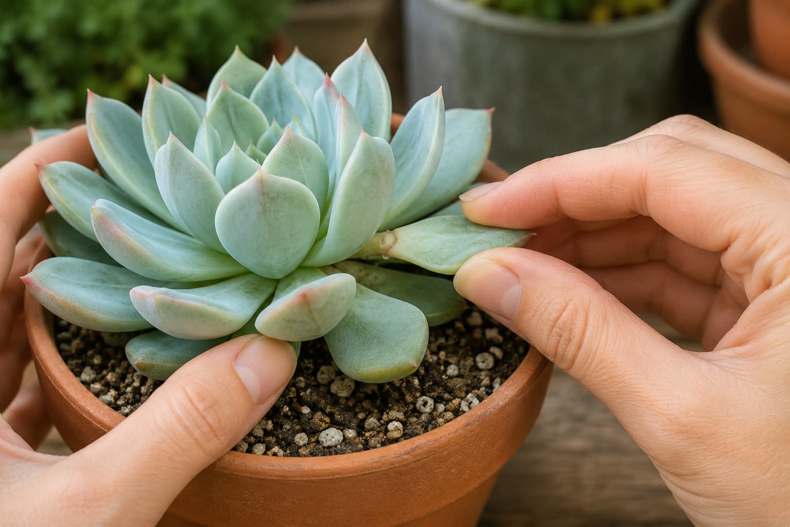 Illustration of a gardener gently twisting a healthy Echeveria leaf away from the stem with its base intact.
