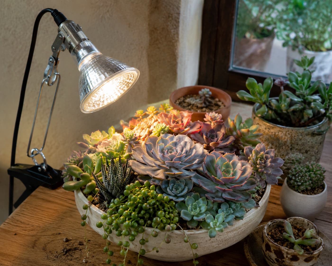 GE PAR38 grow light bulb in a clamp lamp fixture directed at a colorful echeveria and succulent arrangement