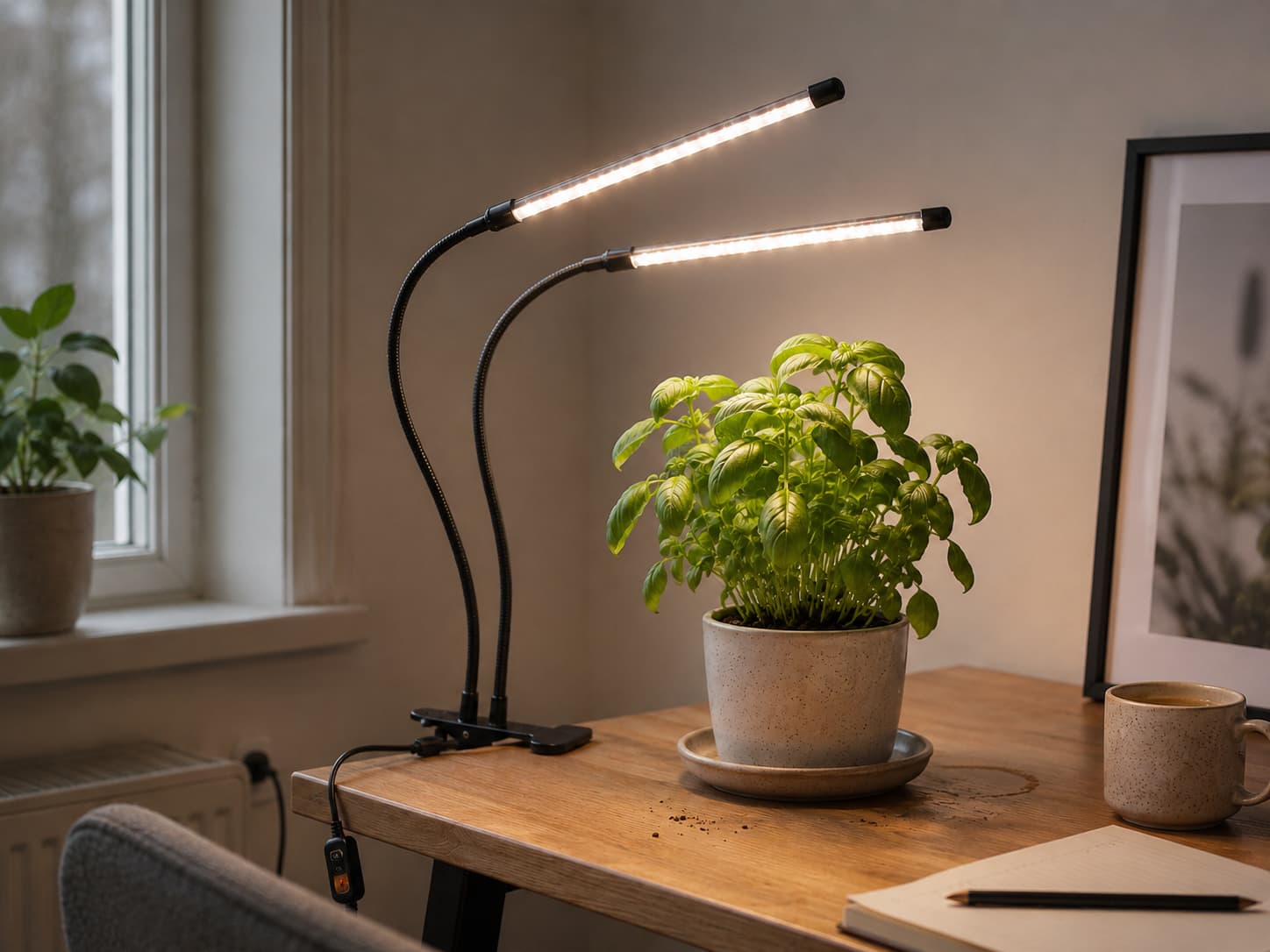 GooingTop clip-on grow light attached to a desk edge, illuminating a small potted basil plant