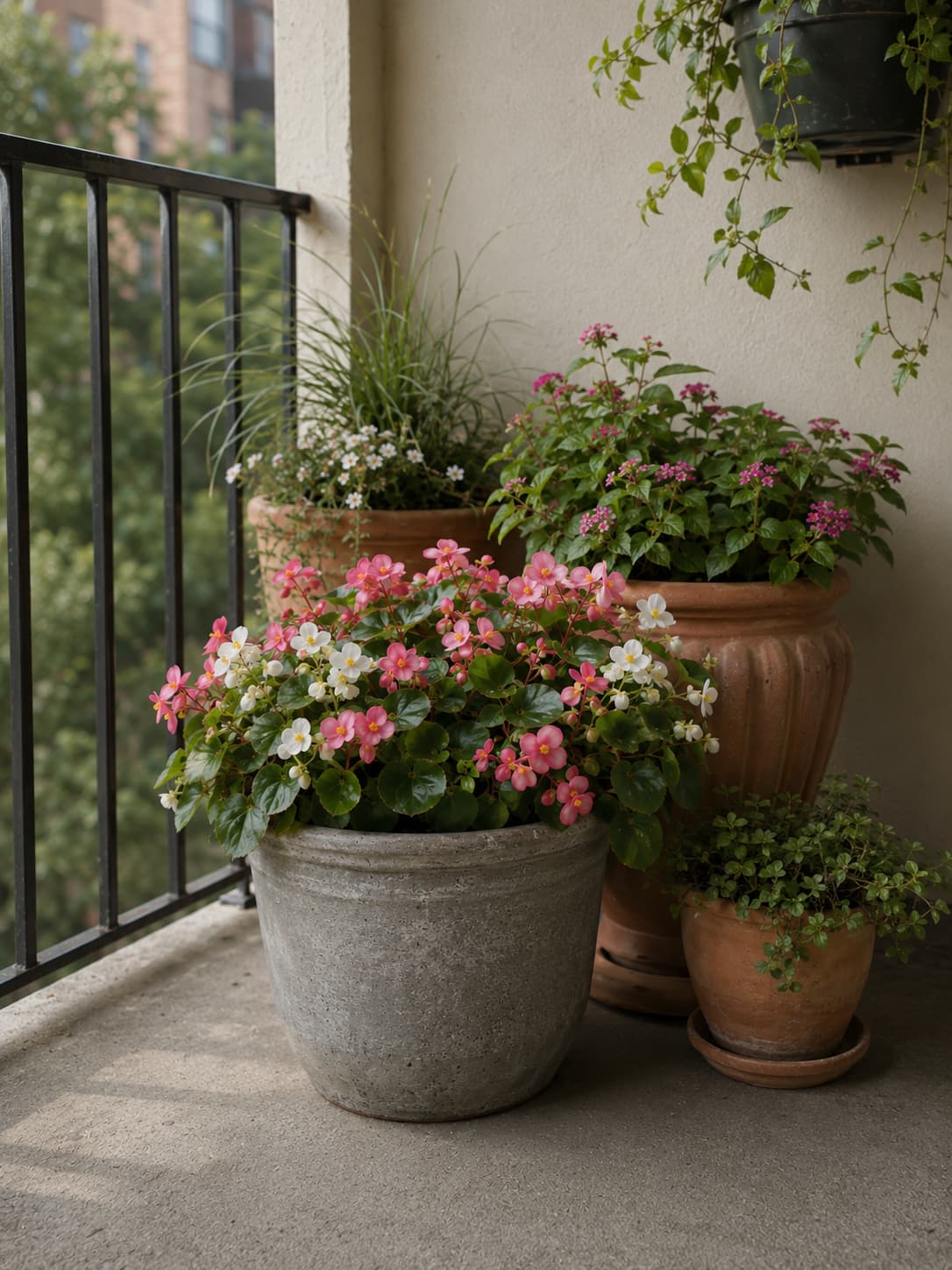 Illustration of grouped balcony flower containers creating a sheltered arrangement against drying summer wind.