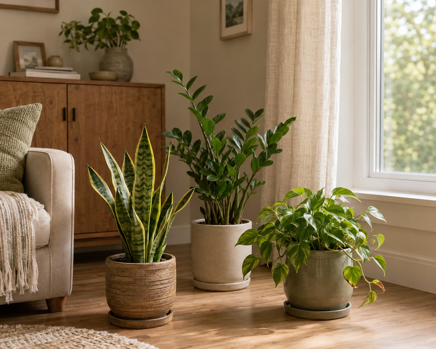 Illustration of grouped houseplants positioned away from a bright summer window to reduce overheating and leaf stress.