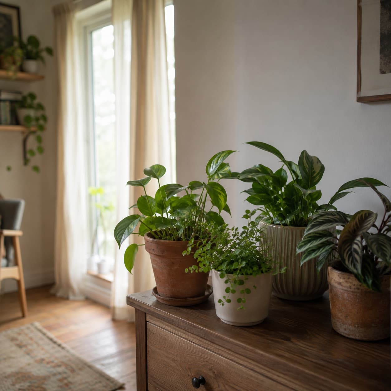 Illustration of grouped houseplants set back from a bright summer window to prevent overheating.