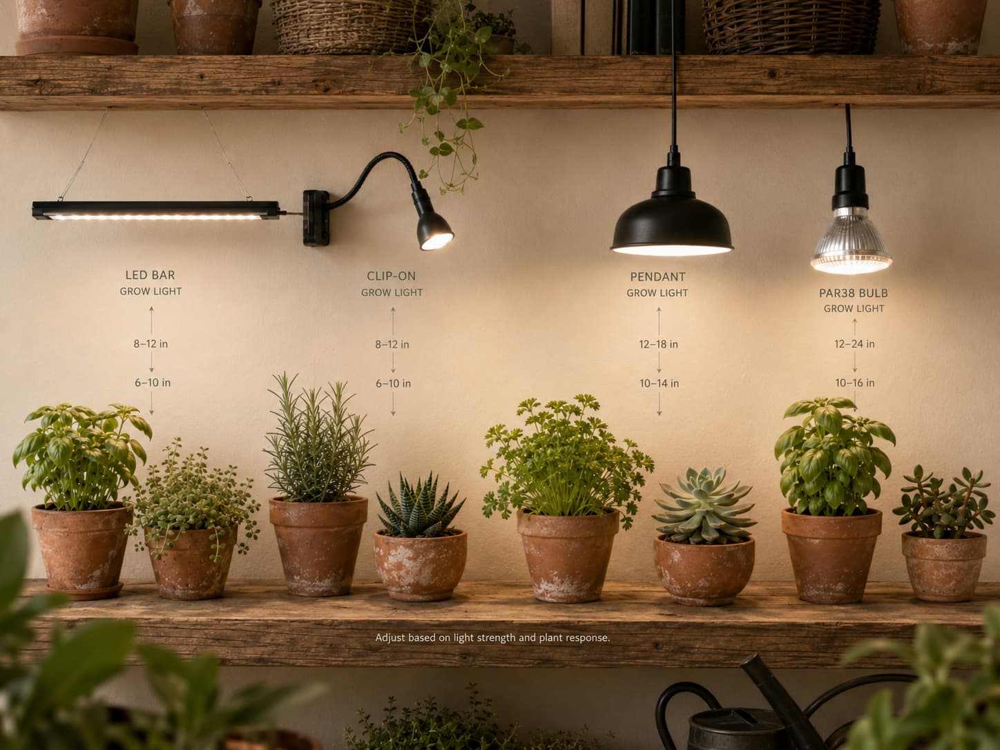 Diagram showing recommended hanging heights for different types of grow lights above herb pots and succulents