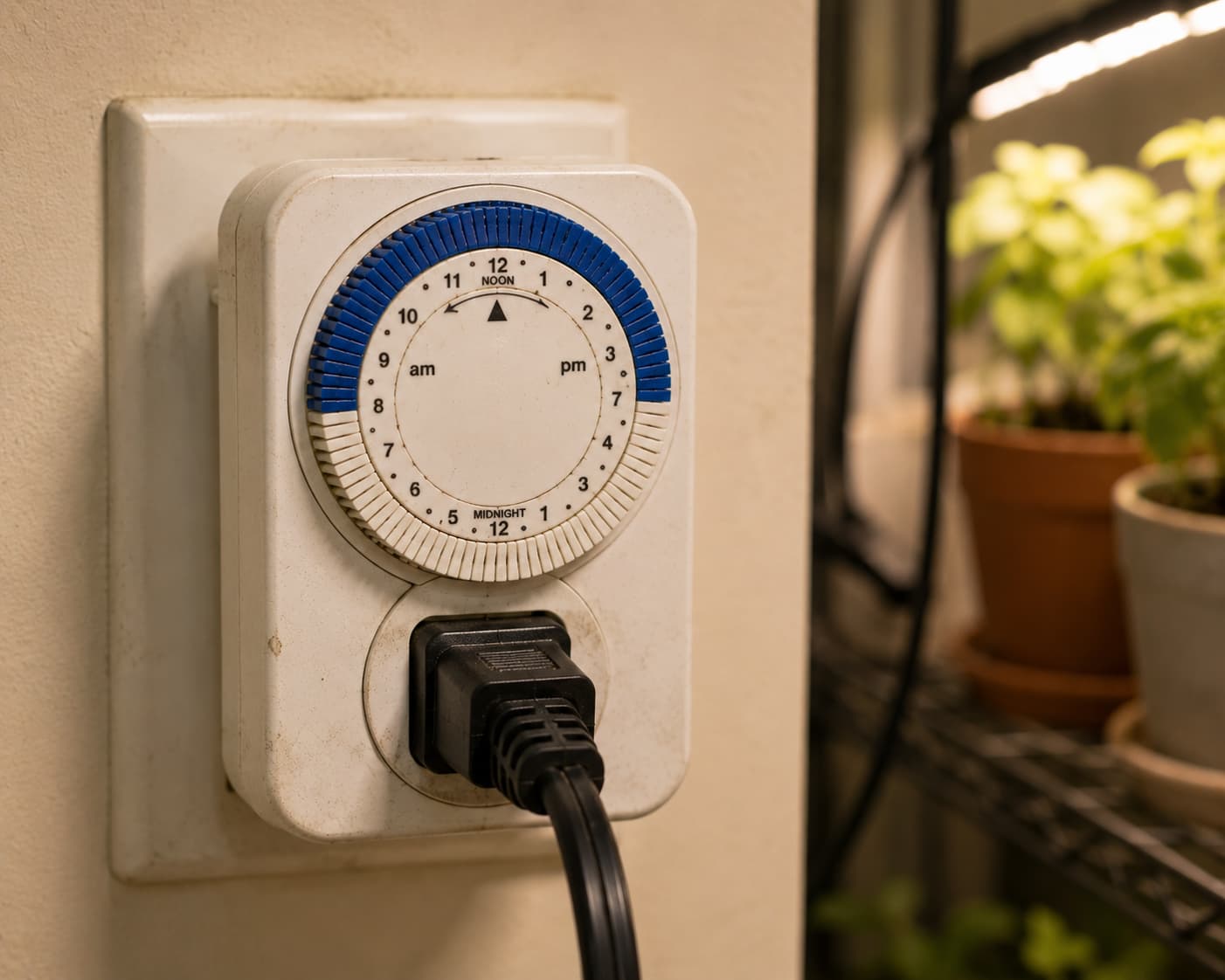 Close-up of a mechanical outlet timer set to 7am-7pm, plugged into a wall outlet with a grow light cord attached