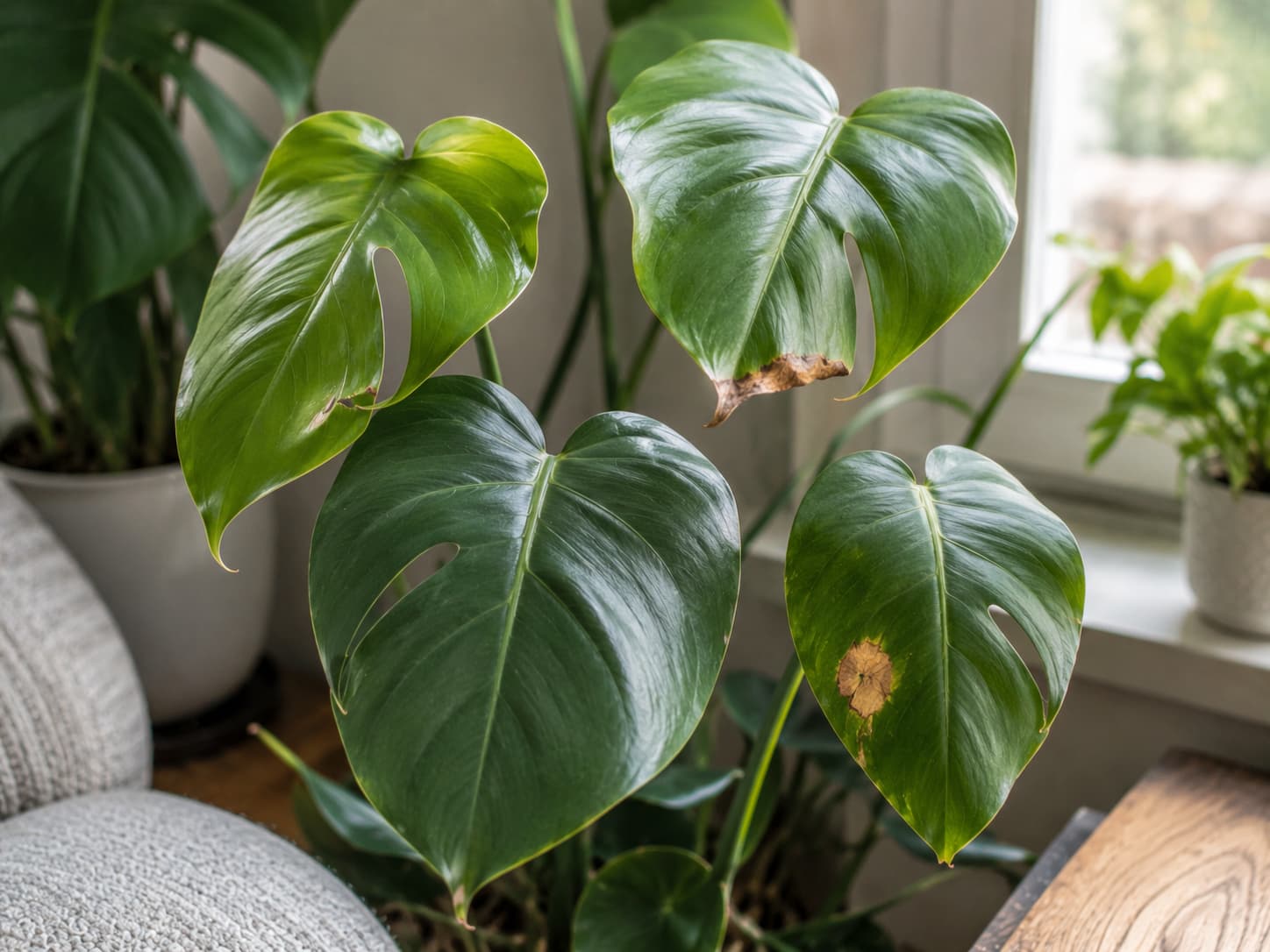 Illustration comparing houseplant heat stress symptoms including curled leaves, crispy tips, and sun scorch.