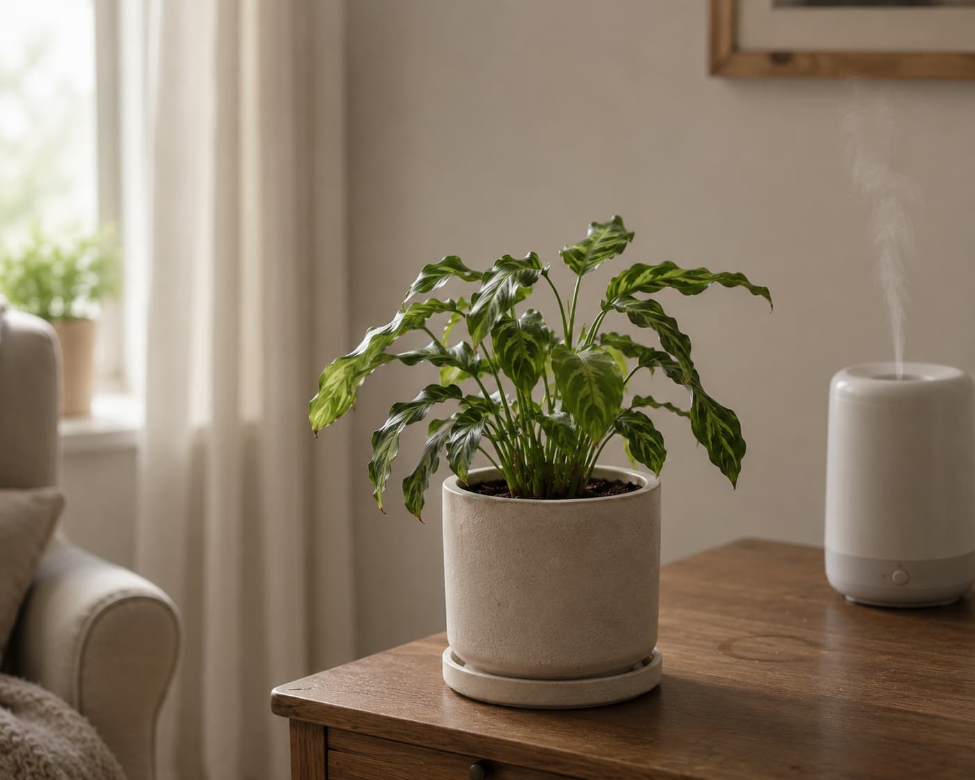 Illustration of a houseplant moved away from a hot window with humidity support during heat stress recovery.