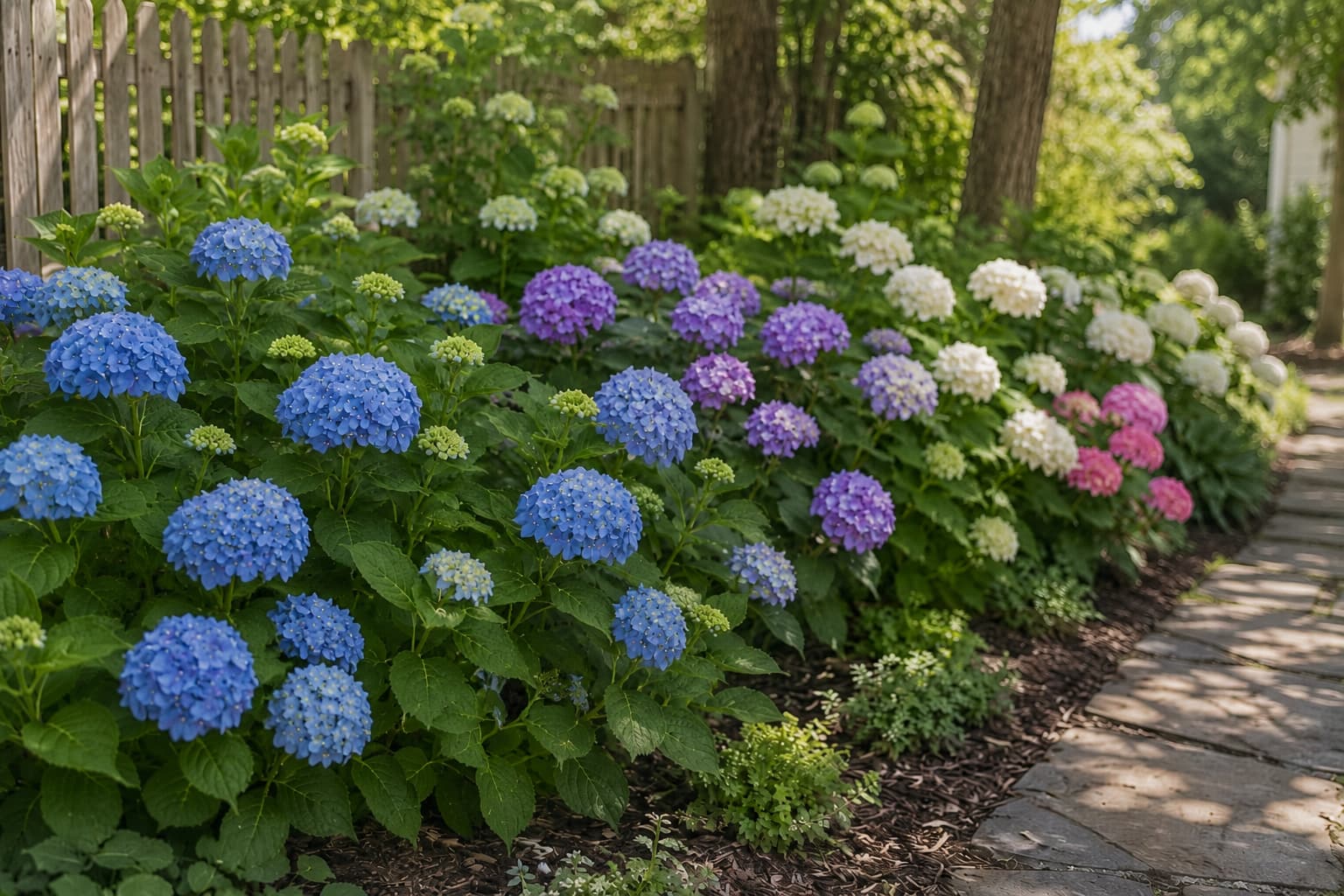Blue, purple, white, and pink hydrangeas blooming beside a stone path in a shaded summer backyard garden.