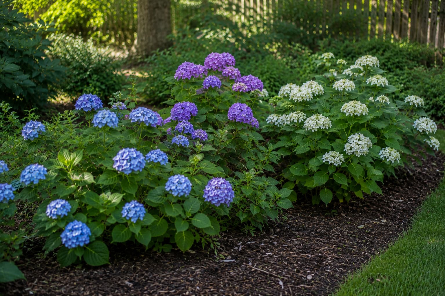 Illustration of healthy hydrangeas blooming in a well-mulched summer garden with morning sun and light afternoon shade.