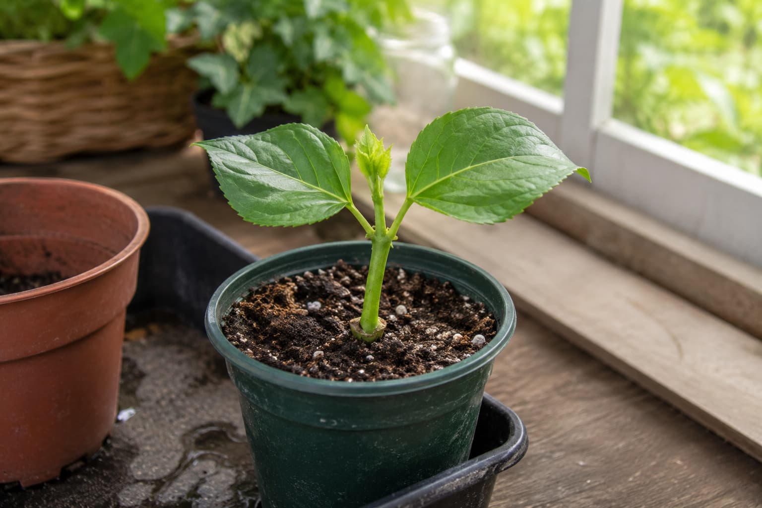Illustration of a nonflowering hydrangea cutting rooting in moist potting mix under bright indirect light.