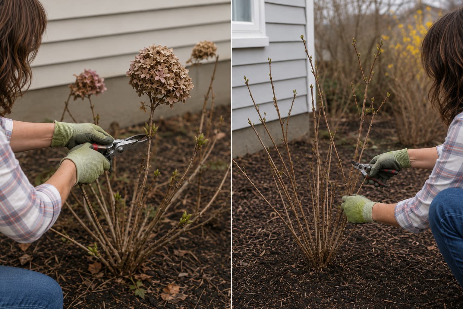 Illustration comparing careful hydrangea pruning on old wood with spring pruning on new wood types.