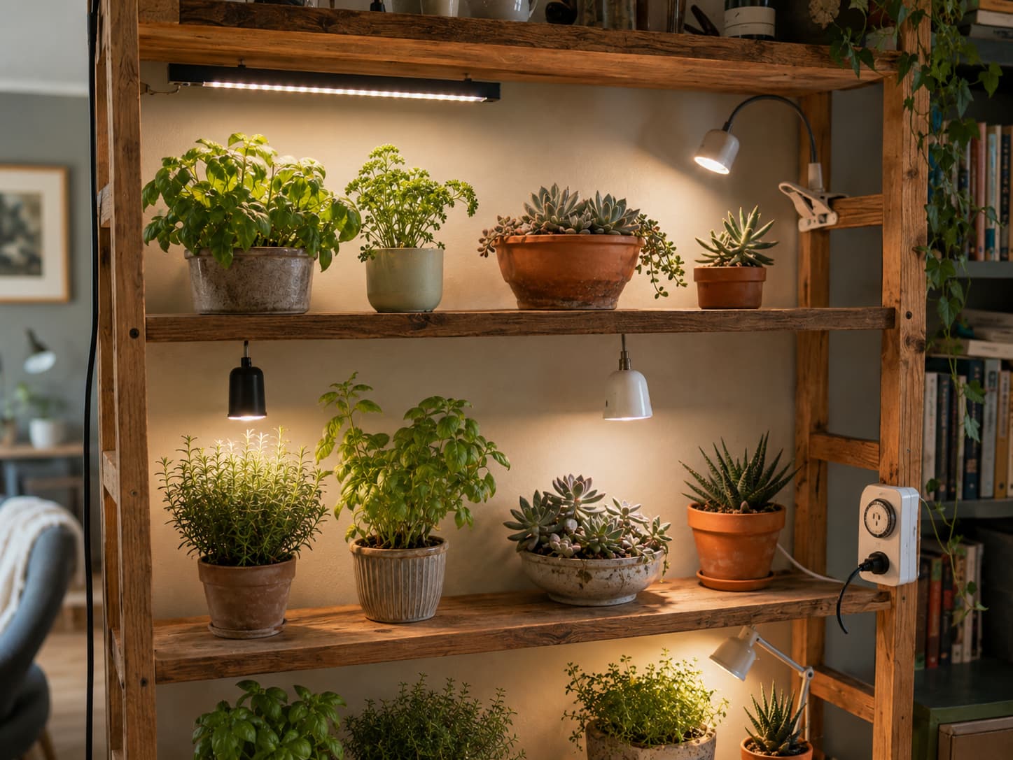 Five different grow lights illuminating indoor herb pots and succulent arrangements on a wooden shelf