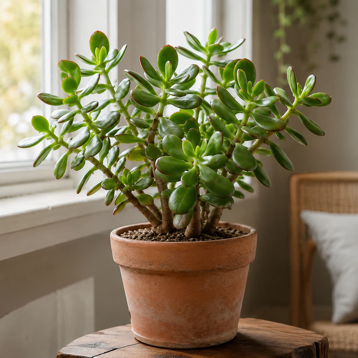 Illustration of a healthy jade plant with firm green leaves and subtle red edges near a bright summer window.