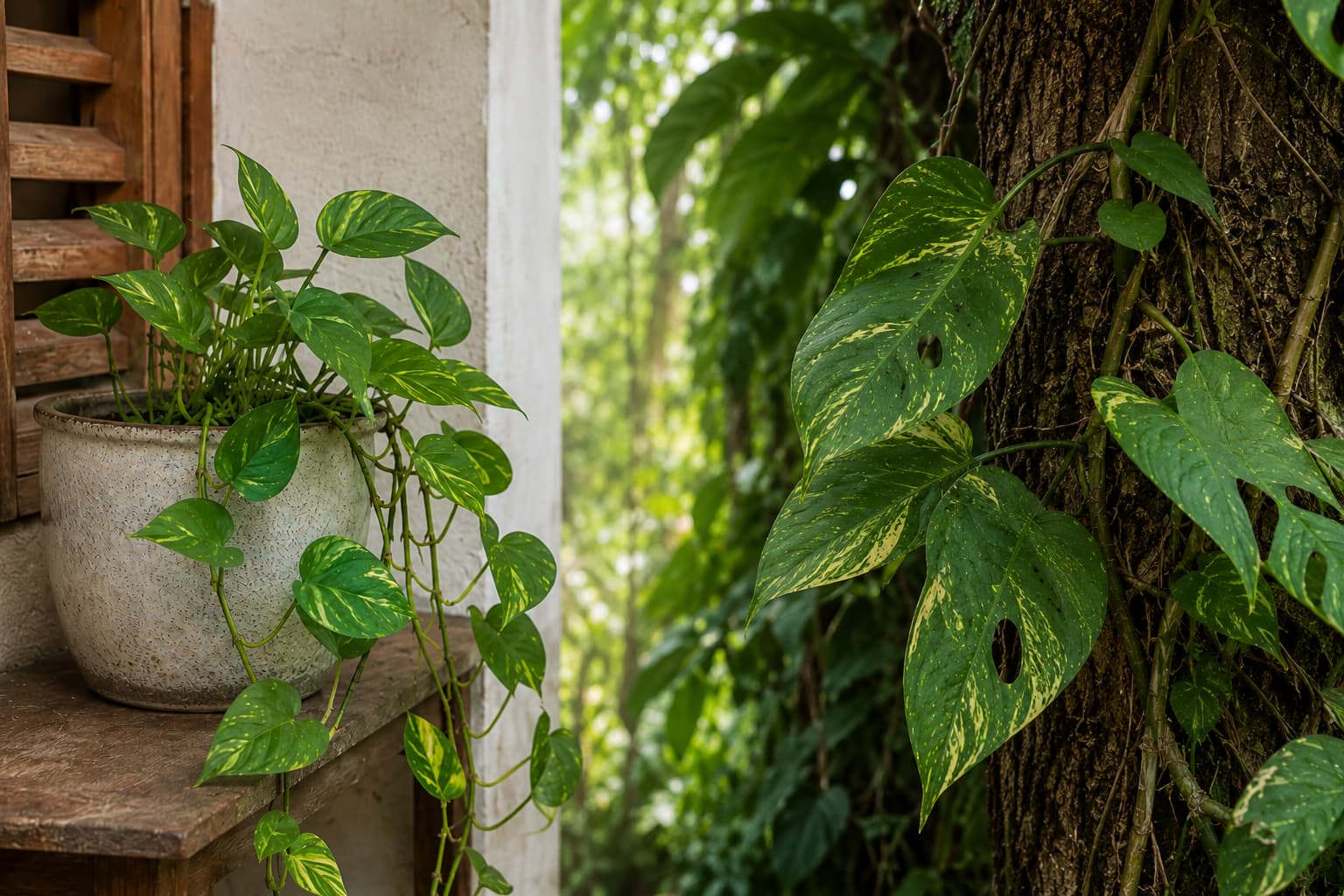 Illustration of juvenile potted pothos beside mature fenestrated foliage climbing a tropical tree trunk.