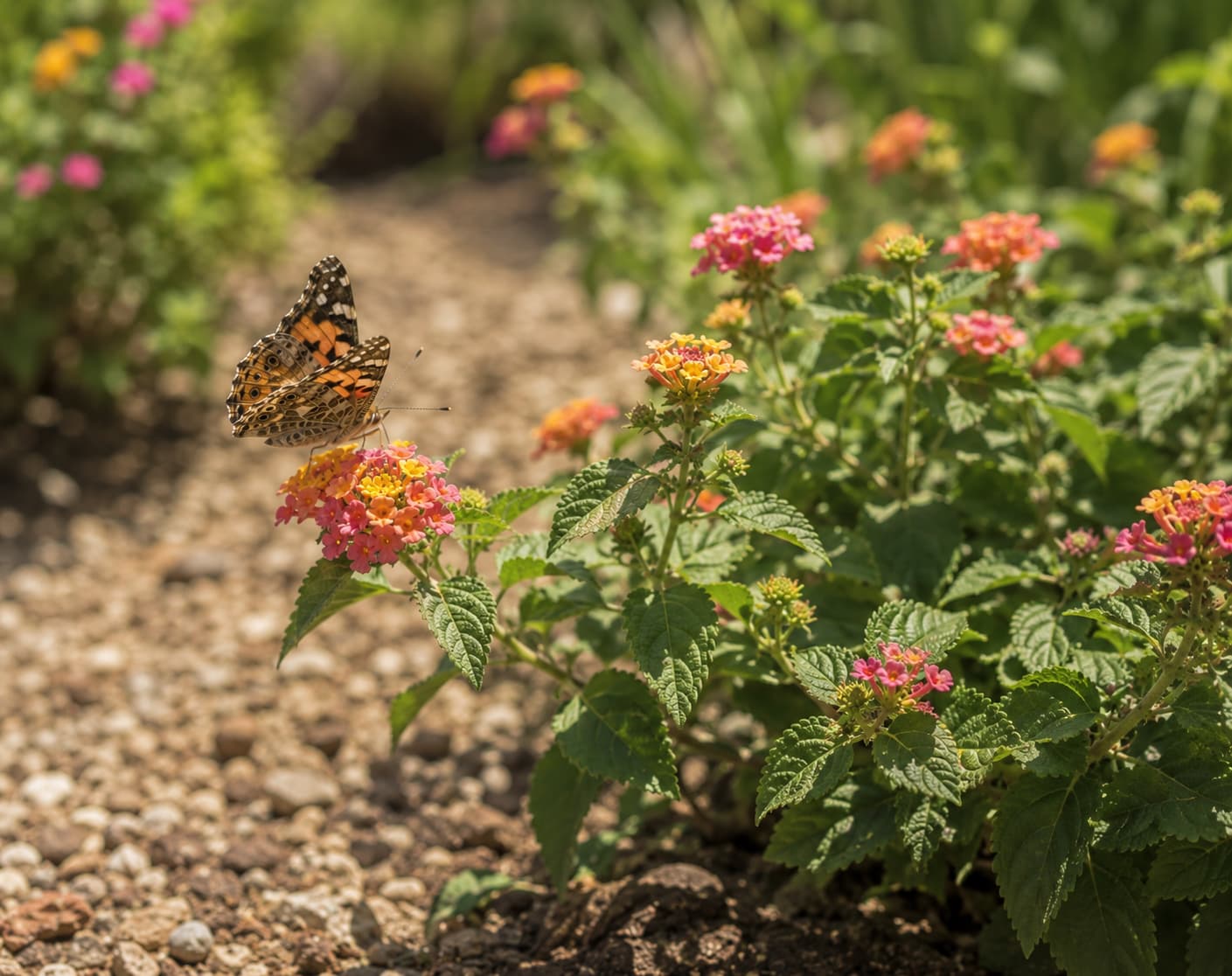 Illustration of colorful lantana flowering in a sun-baked garden while a butterfly visits the clustered blooms.