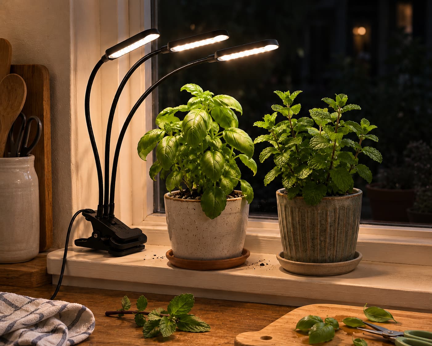 Leoter three-head clip-on grow light clipped to a kitchen windowsill, illuminating small pots of mint and basil