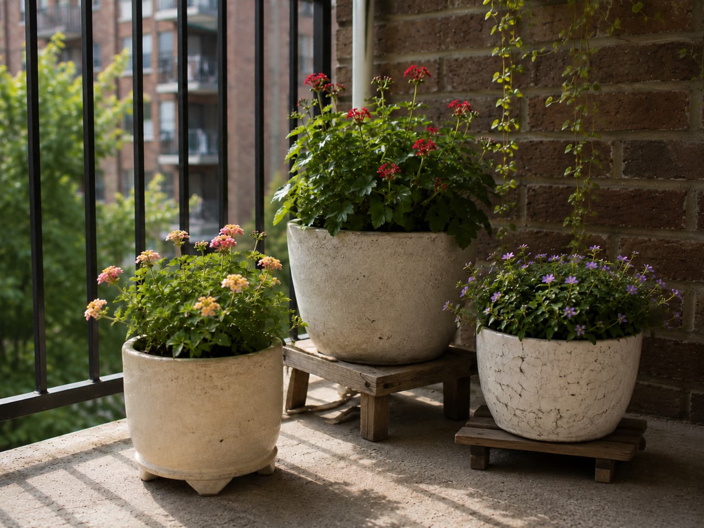 Illustration of light-colored flower pots elevated above a hot concrete balcony floor for airflow.