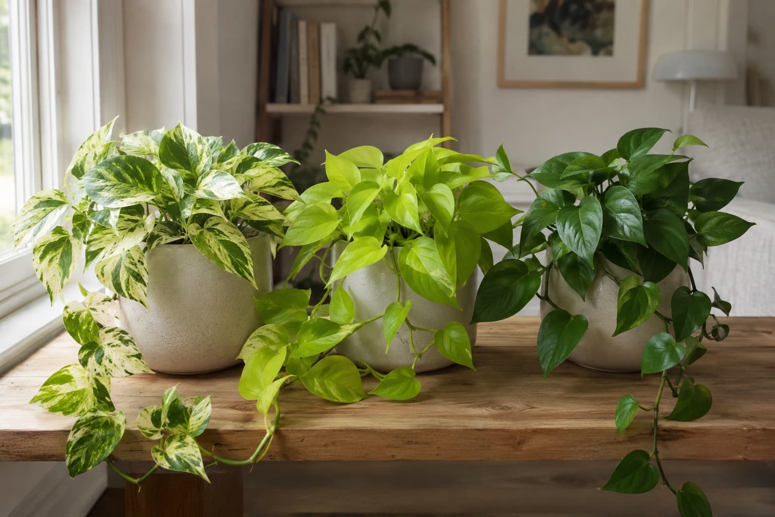 Illustration of Marble Queen, Neon, and Jade pothos varieties displayed together with distinct white, chartreuse, and deep green foliage.