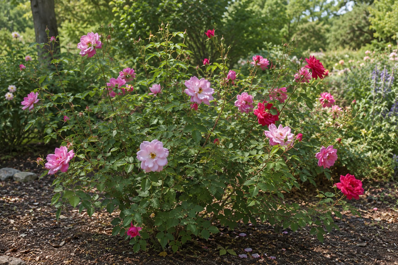 Illustration of mature Rosa chinensis shrub with pink and crimson blooms growing in a sunny open garden bed.