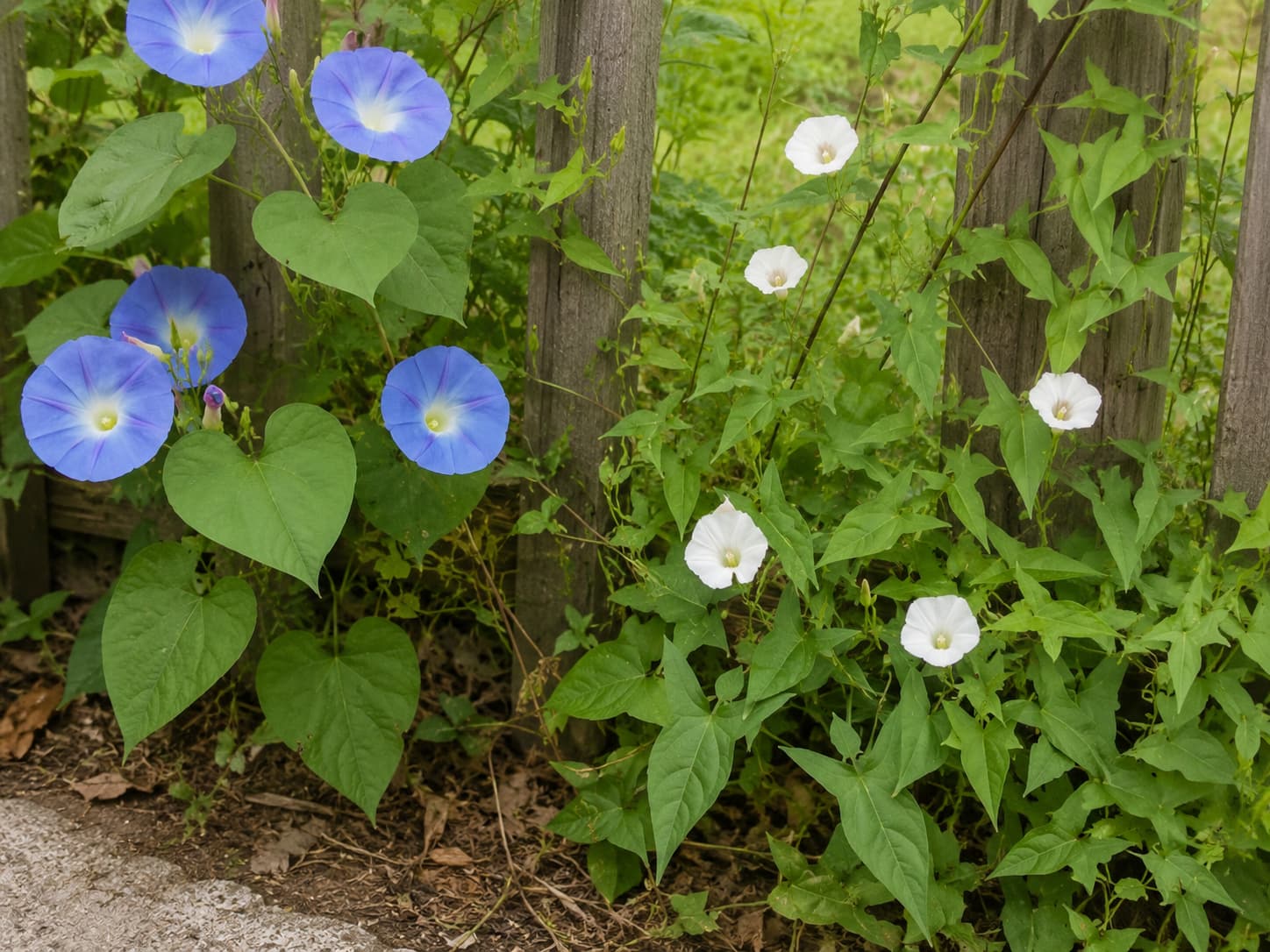 Side-by-side comparison: left shows garden morning glory with large blue flowers and heart-shaped leaves; right shows field bindweed with small white flowers and arrow-shaped leaves