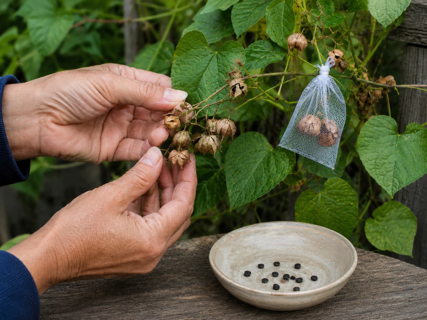 A gardener's hands collecting brown papery morning glory seed pods from a vine, with a small bowl of harvested black seeds and a mesh bag tied around a developing pod to catch seeds