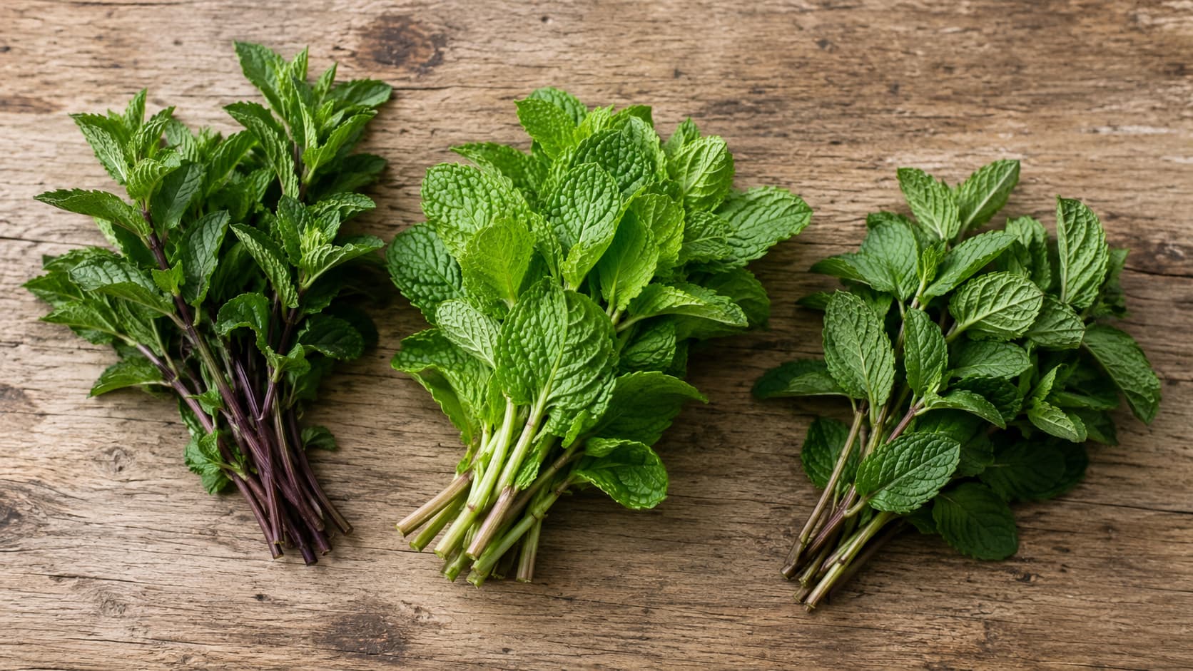 Illustration of peppermint, spearmint, and chocolate mint bunches with distinct leaves and stem colors arranged on a wooden table.