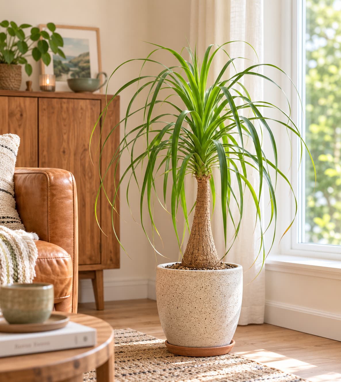 Illustration of a healthy ponytail palm growing near a sunny indoor window in a warm, naturally styled room.